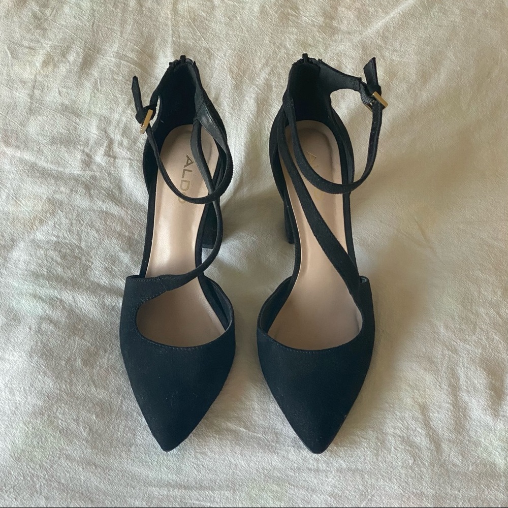 Soft suede black strappy pointed toe heels with zipper and buckle